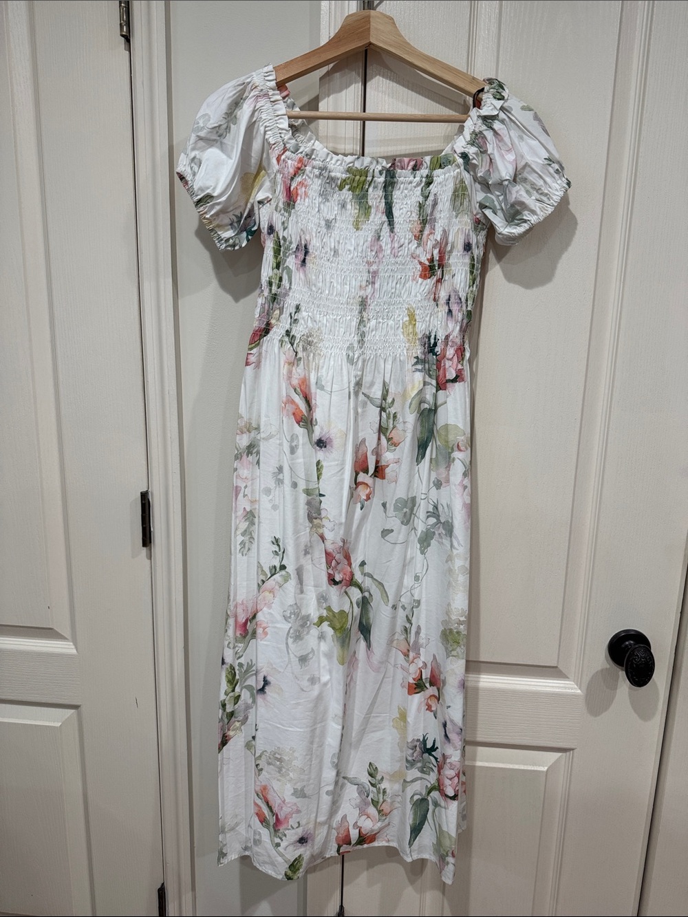 H&M White Floral Puff-Sleeve Midi Dress with Green and Pink Accents
